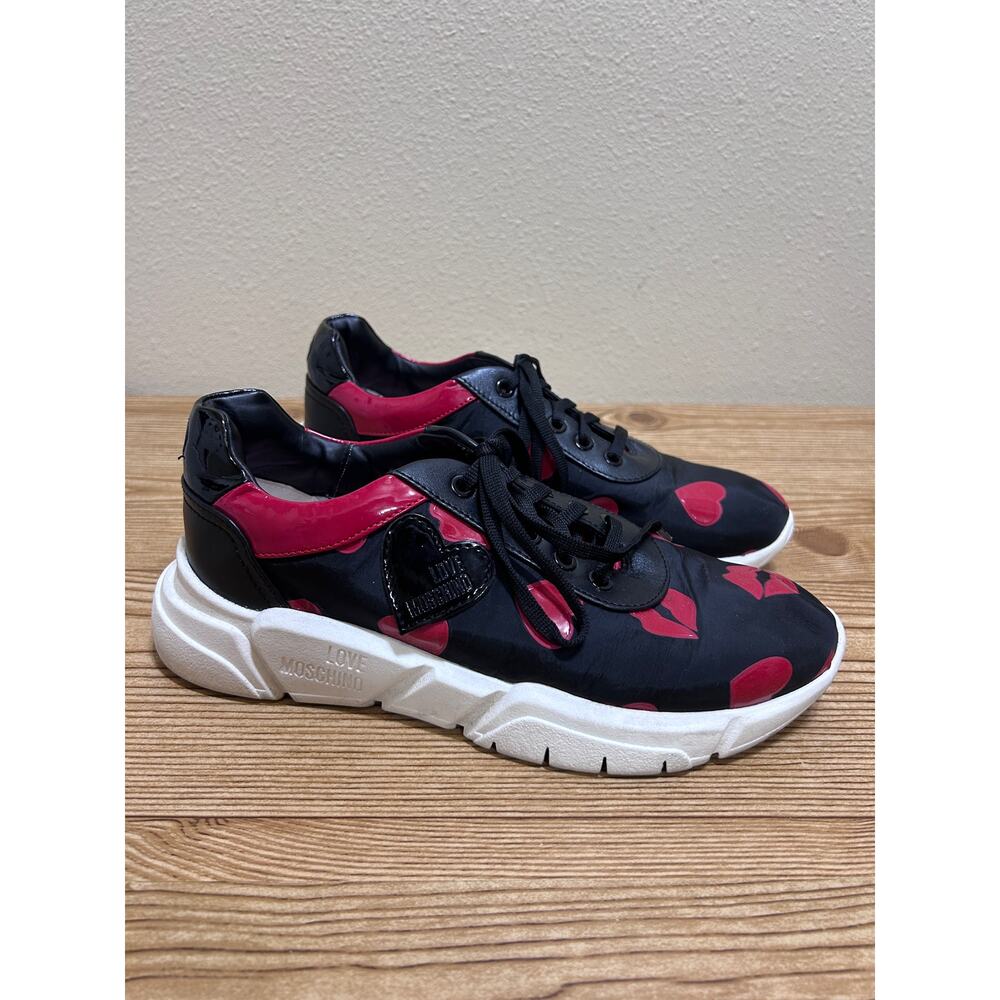 Love Moschino Heart Print Sneakers EU 40 Black Red Leather Chunky Trainer Shoes